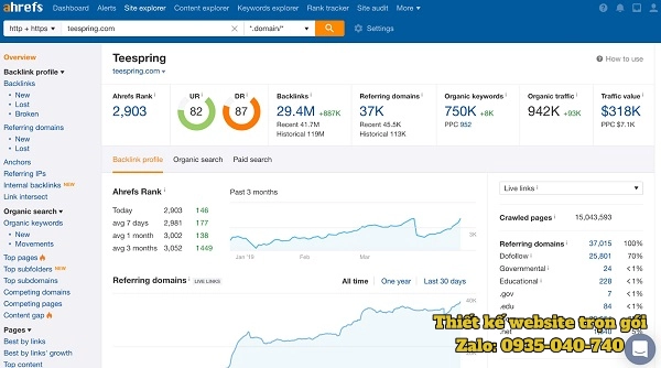 Báo cáo phân tích backlink trong Ahrefs với số lượng, chất lượng và nguồn liên kết chi tiết