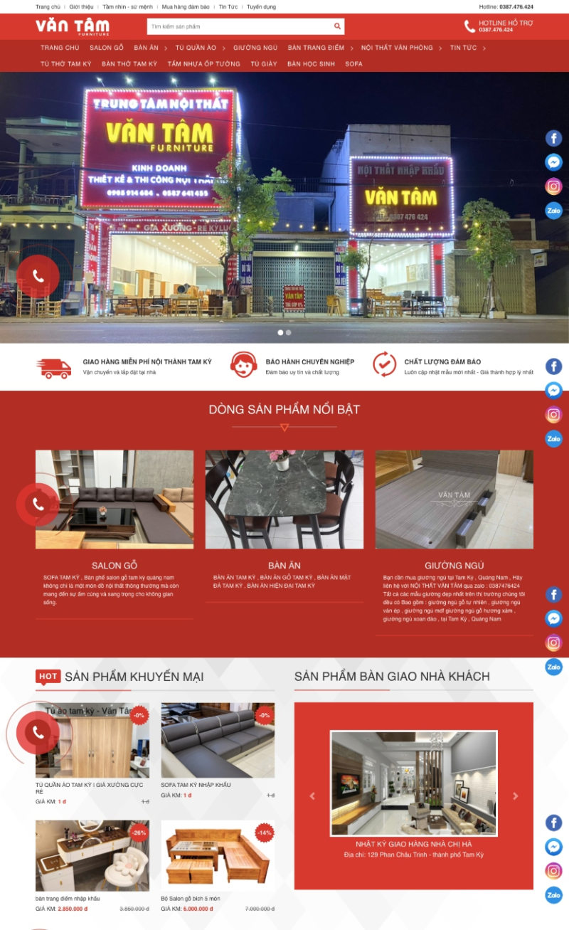 Cấu trúc danh mục website Nội thất Văn Tâm chia theo không gian sống: phòng khách, phòng ăn, phòng ngủ, phòng thờ, văn phòng
