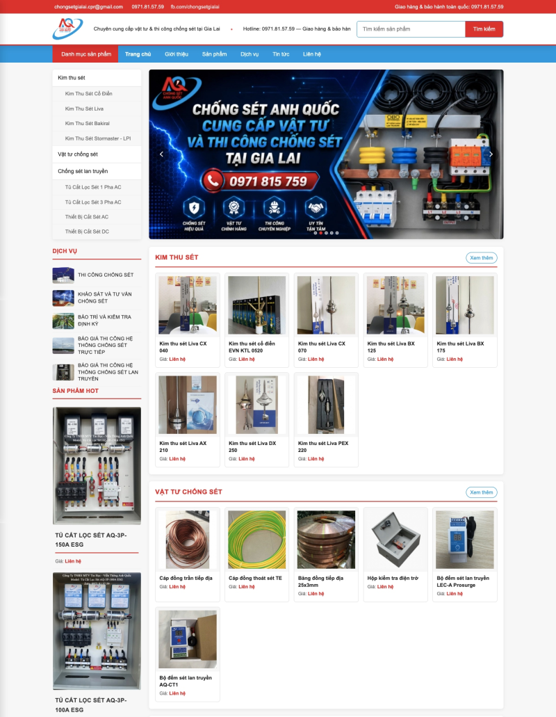 Cấu trúc website Chống sét Anh Quốc Gia Lai với ba nhóm sản phẩm kim thu sét, vật tư chống sét và chống sét lan truyền