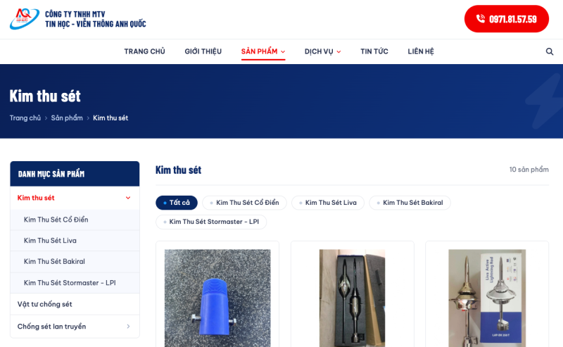 Danh mục kim thu sét phát xạ sớm trên website Chống Sét Tây Nguyên chia theo hãng Liva, Bakiral và Stormaster
