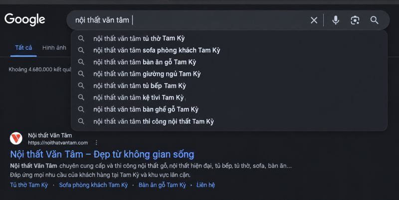 Danh sách từ khoá đuôi dài của website Nội thất Văn Tâm như tủ thờ Tam Kỳ, sofa phòng khách Tam Kỳ, bàn ăn gỗ Tam Kỳ