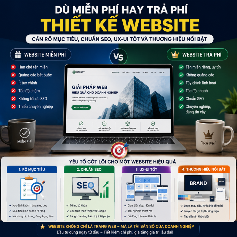 Dù miễn phí hay trả phí, thiết kế website cần rõ mục tiêu, chuẩn SEO, UX-UI tốt và thương hiệu nổi bật