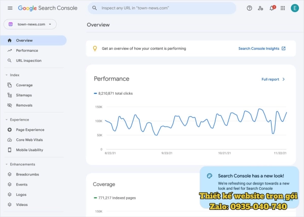 Giao diện Google Search Console hiển thị hiệu suất website, từ khóa, lượt click và số lần hiển thị