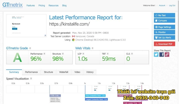 Giao diện GTmetrix hiển thị điểm tốc độ tải trang và báo cáo chi tiết hiệu suất website theo từng yếu tố
