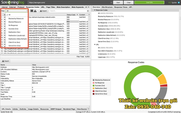 Giao diện Screaming Frog hiển thị kết quả crawl website và phân tích SEO kỹ thuật chi tiết từng URL