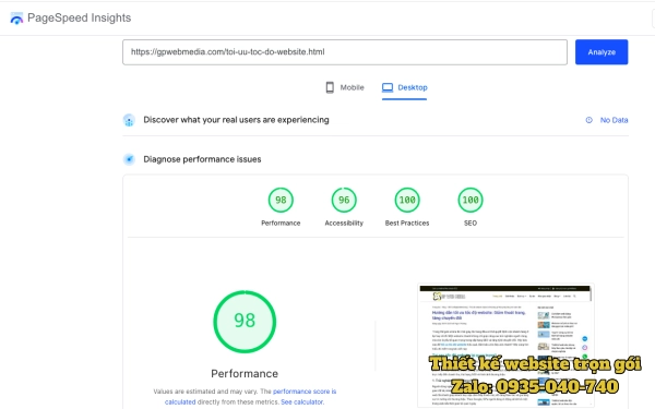 Hình ảnh kiểm tra tốc độ trang bằng Google PageSpeed, cho thấy website đạt điểm hiệu suất rất cao