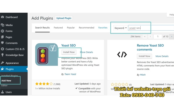 Hình minh họa các bước cài đặt và kích hoạt plugin SEO trực tiếp từ bảng quản trị WordPress Dashboard.