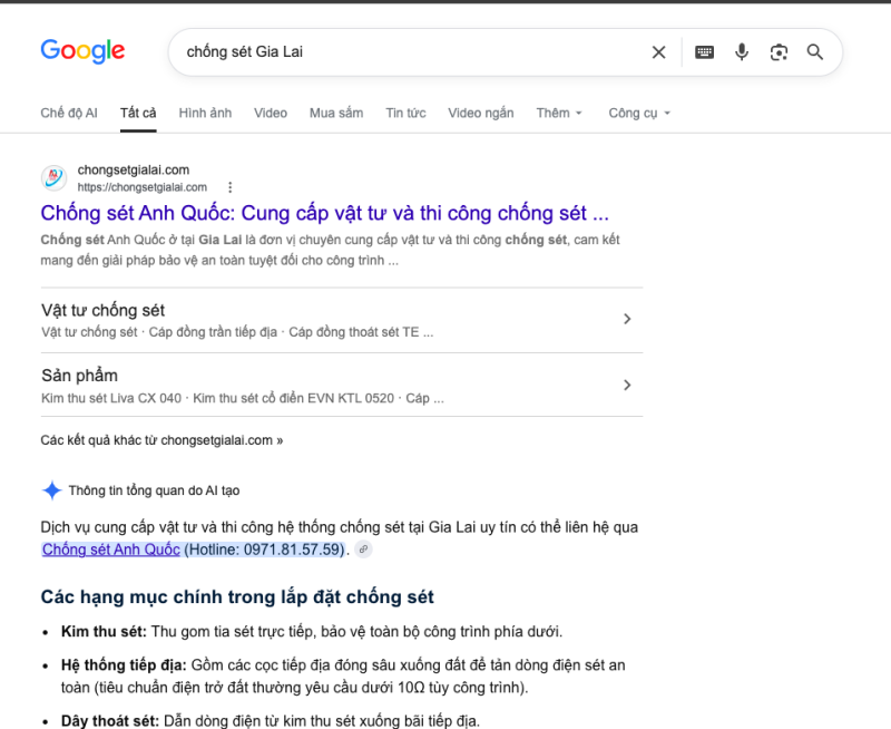 Kết quả tìm kiếm Google cho từ khoá chống sét Gia Lai, website Chống sét Anh Quốc ở vị trí 1