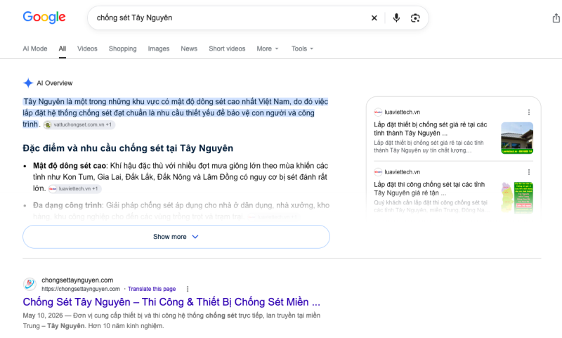 Kết quả tìm kiếm Google cho từ khoá chống sét Tây Nguyên với website chongsettaynguyen.com ở vị trí đầu