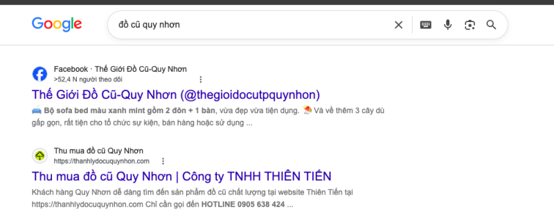 Kết quả tìm kiếm Google cho từ khoá đồ cũ Quy Nhơn, website Thiên Tiến ở vị trí 2