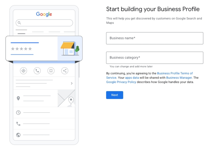 Màn hình nhập tên doanh nghiệp và chọn danh mục chính khi tạo hồ sơ Google Business Profile