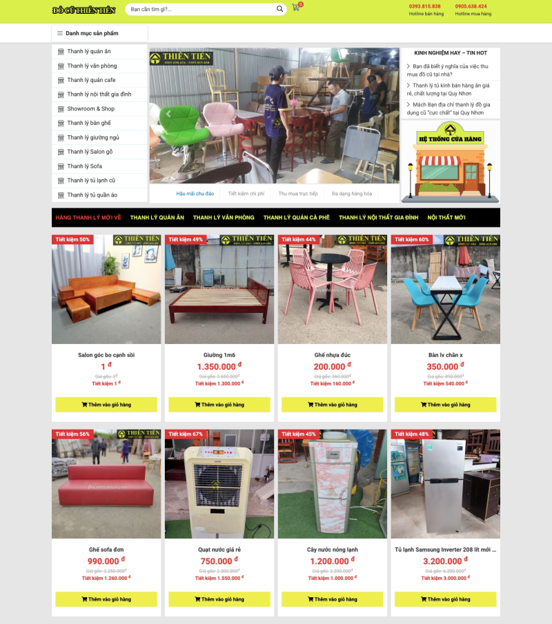 Sơ đồ 11 nhóm danh mục của website thanh lý đồ cũ Quy Nhơn, chia hai lớp theo loại hình kinh doanh và theo món đồ