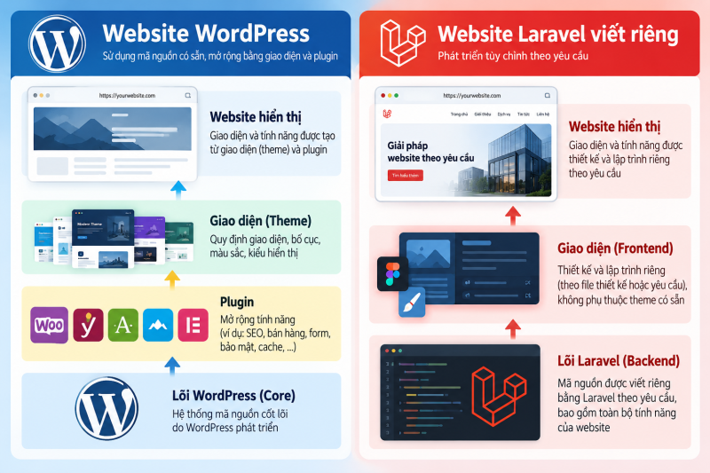 Sơ đồ so sánh các thành phần của website WordPress gồm lõi, giao diện, plugin và website Laravel viết riêng