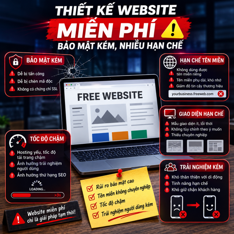 Thiết kế website miễn phí bảo mật kém, nhiều hạn chế về tên miền, tốc độ, giao diện và trải nghiệm