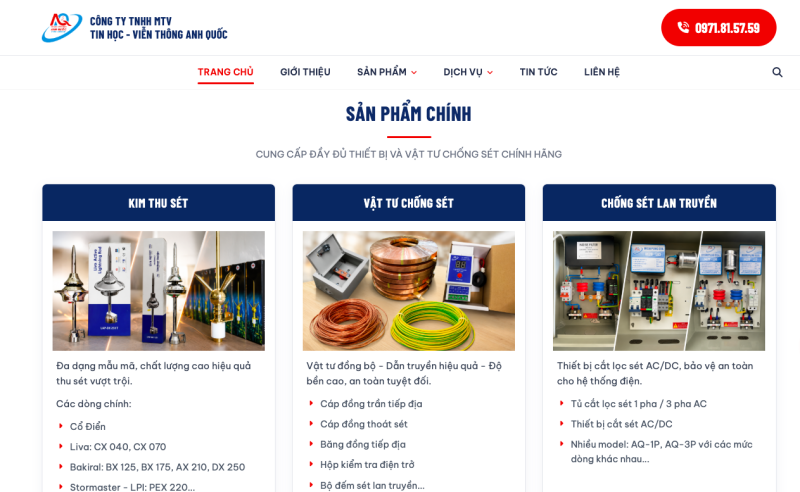 Trang chủ website Chống Sét Tây Nguyên với danh mục kim thu sét, vật tư chống sét và chống sét lan truyền