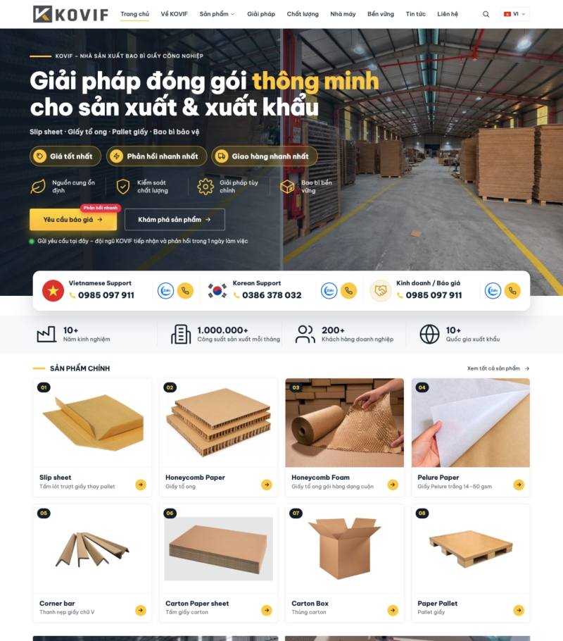 Trang chủ website KOVIF: banner bao bì giấy công nghiệp, nút yêu cầu báo giá và đường dây hỗ trợ tiếng Việt, tiếng Hàn