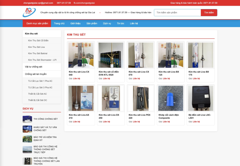 Trang sản phẩm kim thu sét trên website Chống sét Anh Quốc Gia Lai